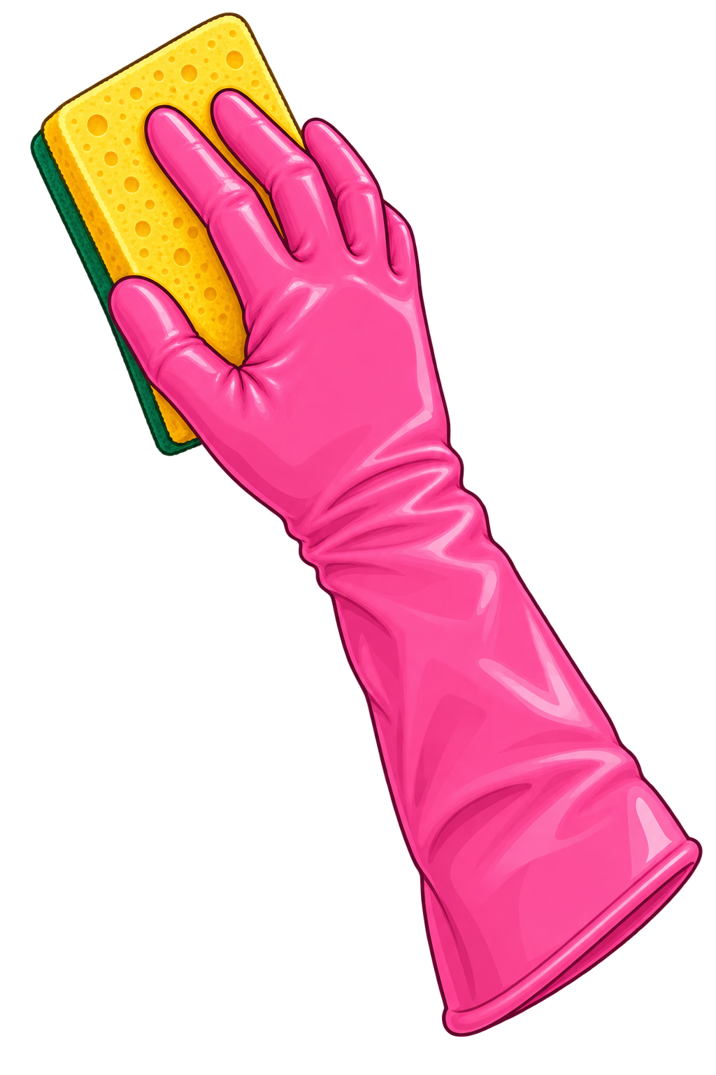 Pink cleaning glove holding a sponge