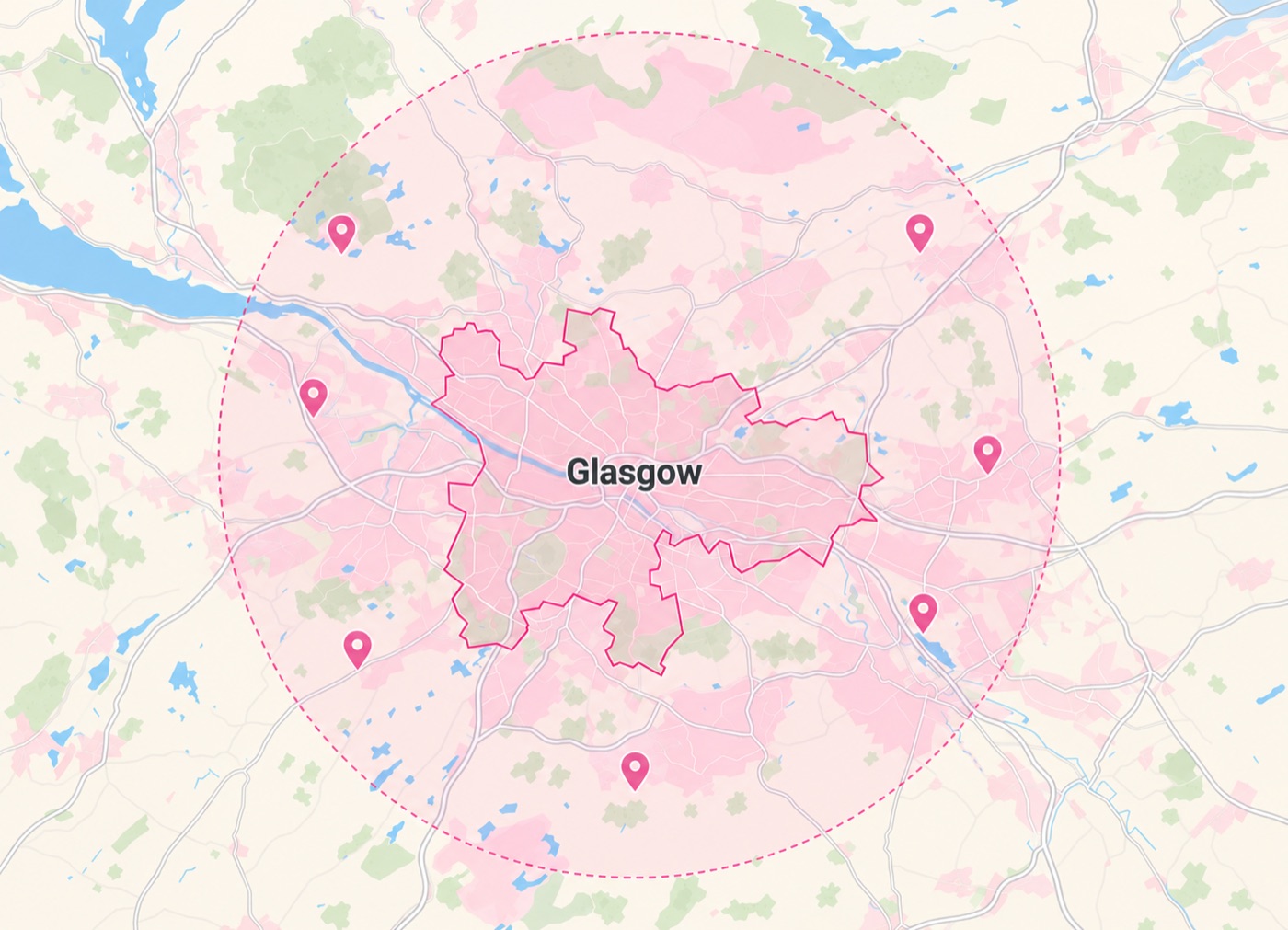 Map of our coverage area: Glasgow and the surrounding towns, within a circle around the city